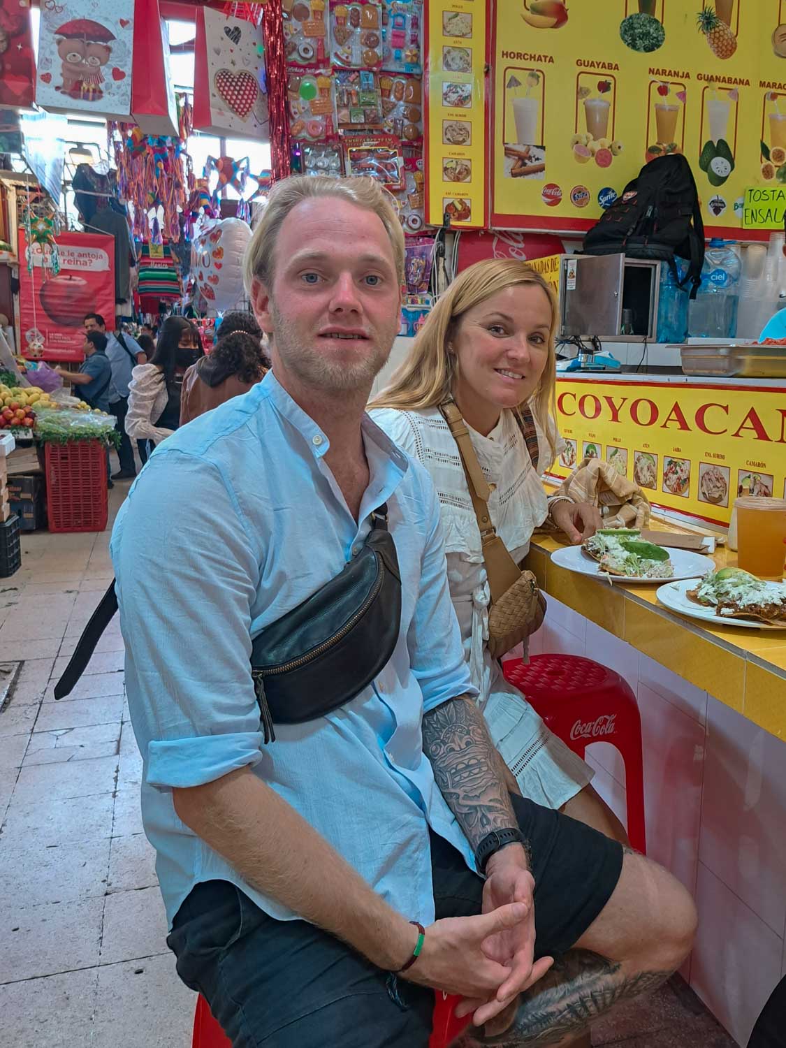 Bloggers Robin and Mal visiting Coyoacan Food Market.