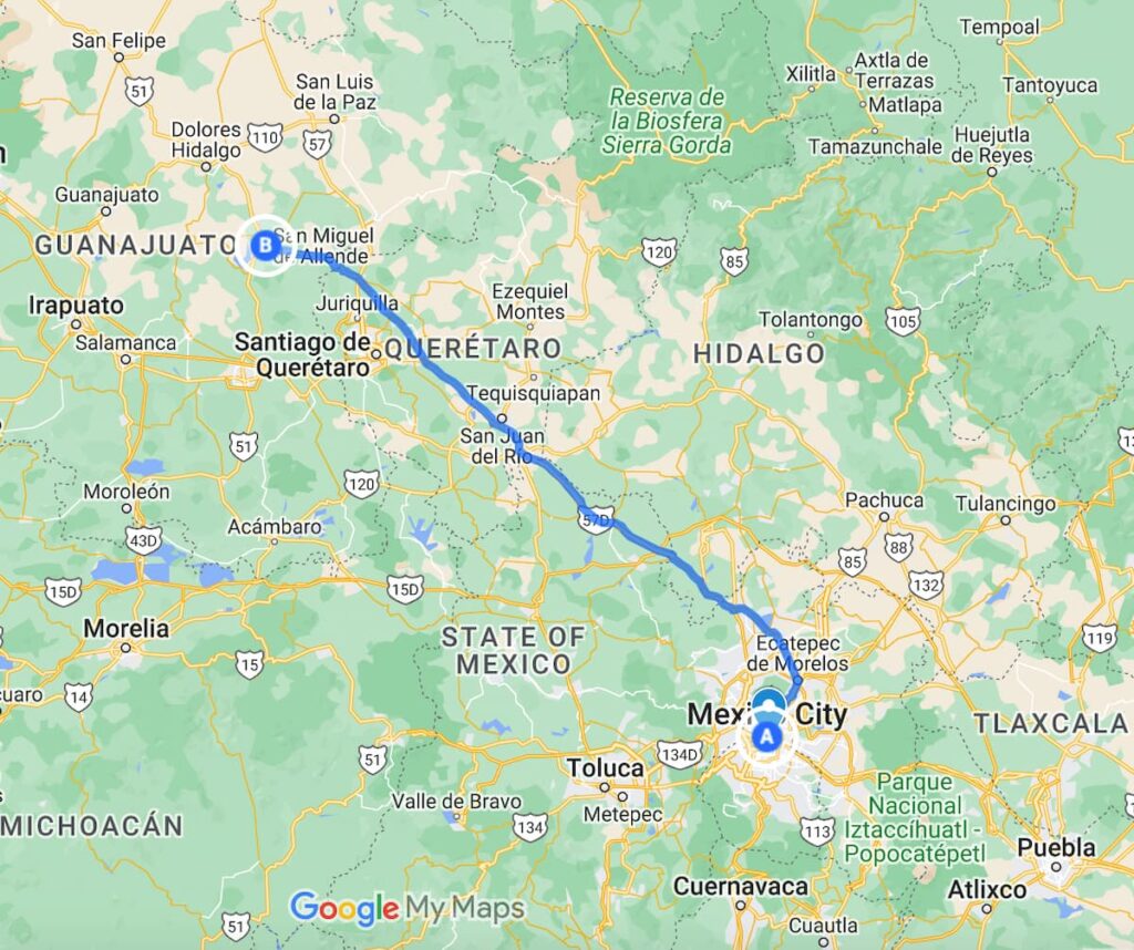 Mexico City to San Miguel de Allended Map