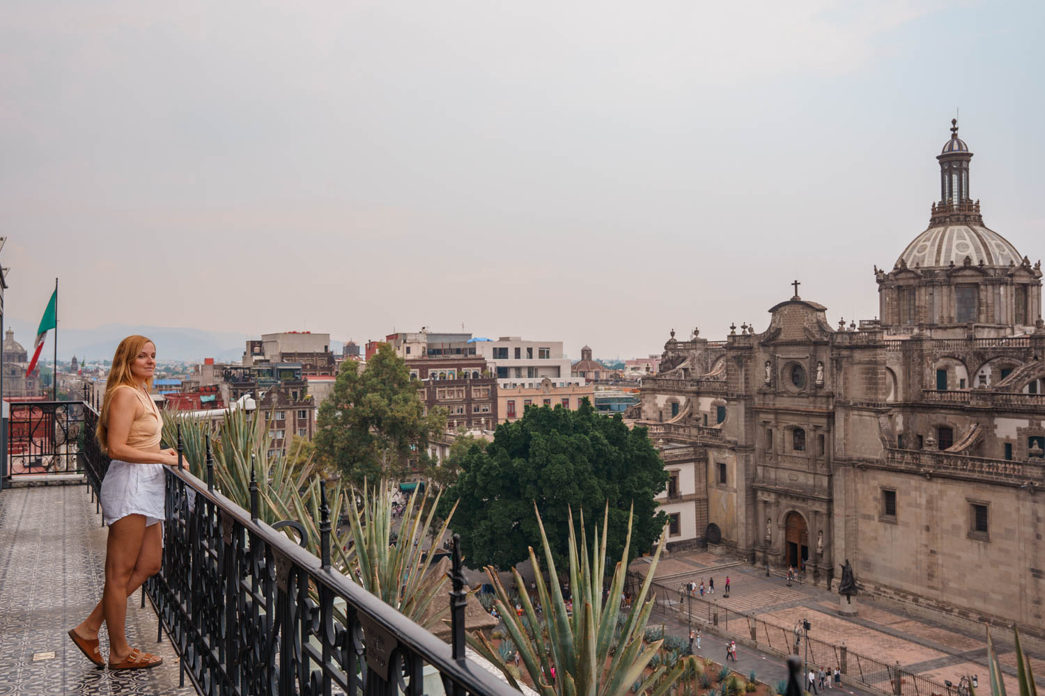 Blogger Mal at Balcon de Zocalo on a cloudy day in Mexico City in September.