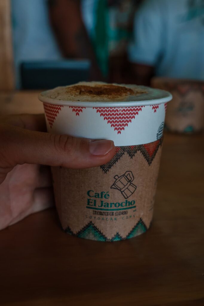 A cup of coffee from El Jarocho - a famous coffee shop in Mexico City.