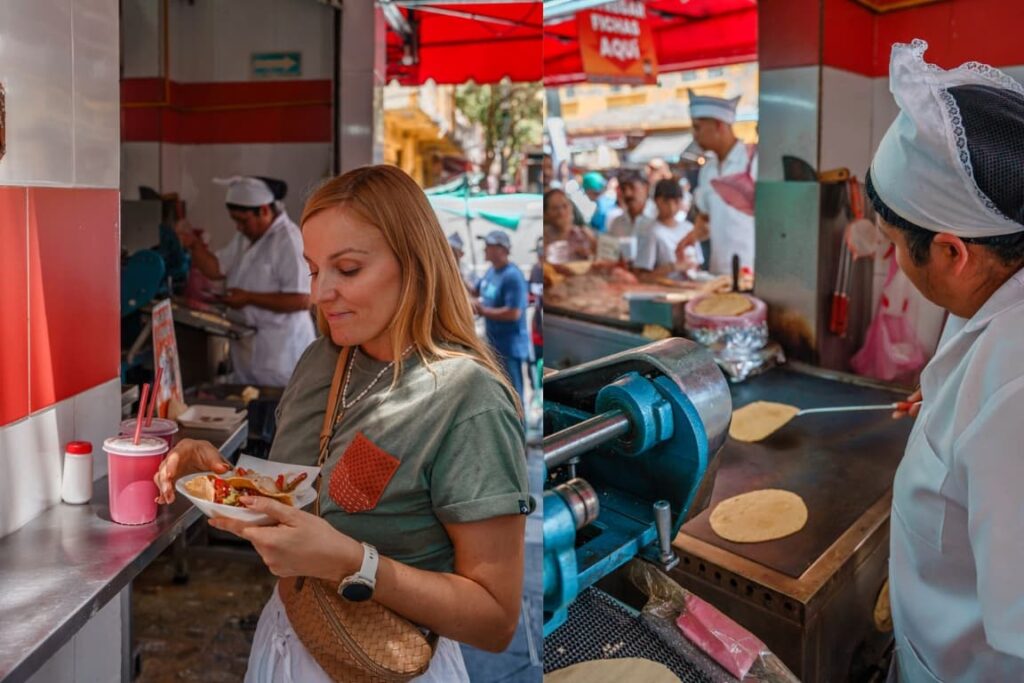 Blogger Mal eating street food in Mexico City.